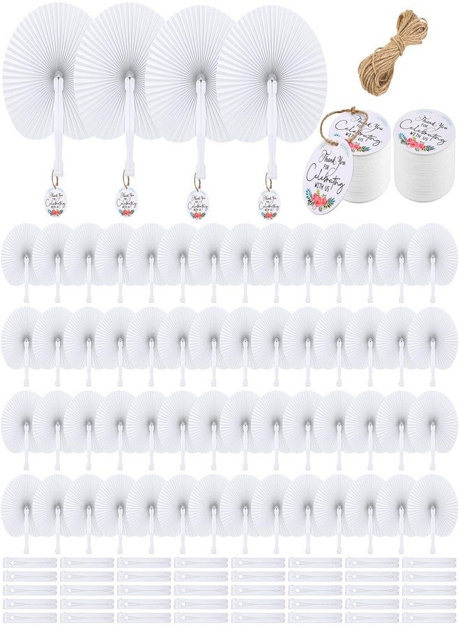 MCEAST 100 Pack White Folding Handheld Paper Fans with Tags, Round Shaped Wedding Paper Fans with Plastic Handle for Wedding Favor Celebration Birthday Party Bag Fillers - Image 1